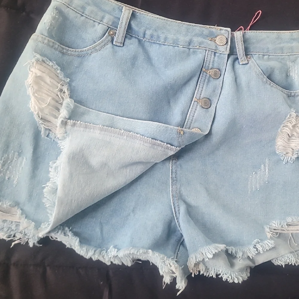 Light Blue Distressed Denim Shorts - Picture 2 of 16